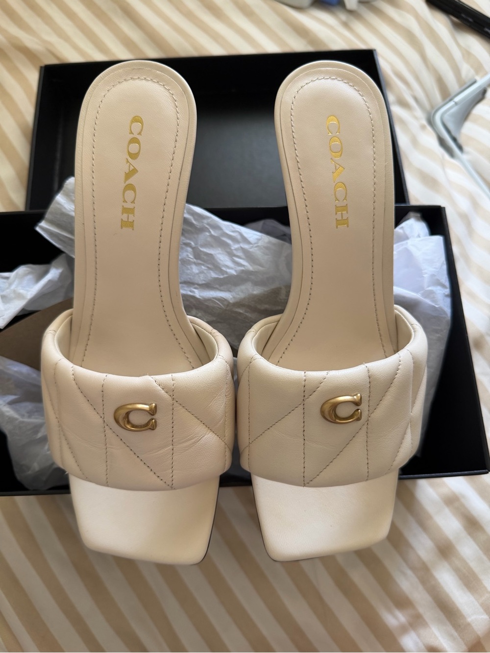 COACH Cream Quilted Leather Slide Mules with Gold 'C' Hardware (run small) - Picture 1 of 6
